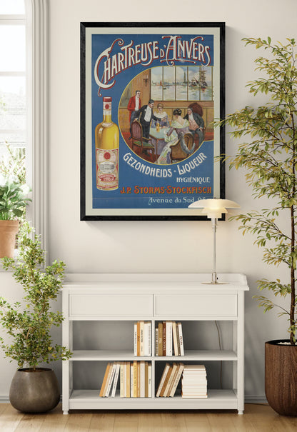 Vintage Chartreuse d'Anvers advertising poster showing a liquor bottle, elegant figures and Antwerp harbor scenery in blue, red and gold, vertical digital print for retro wall decor.