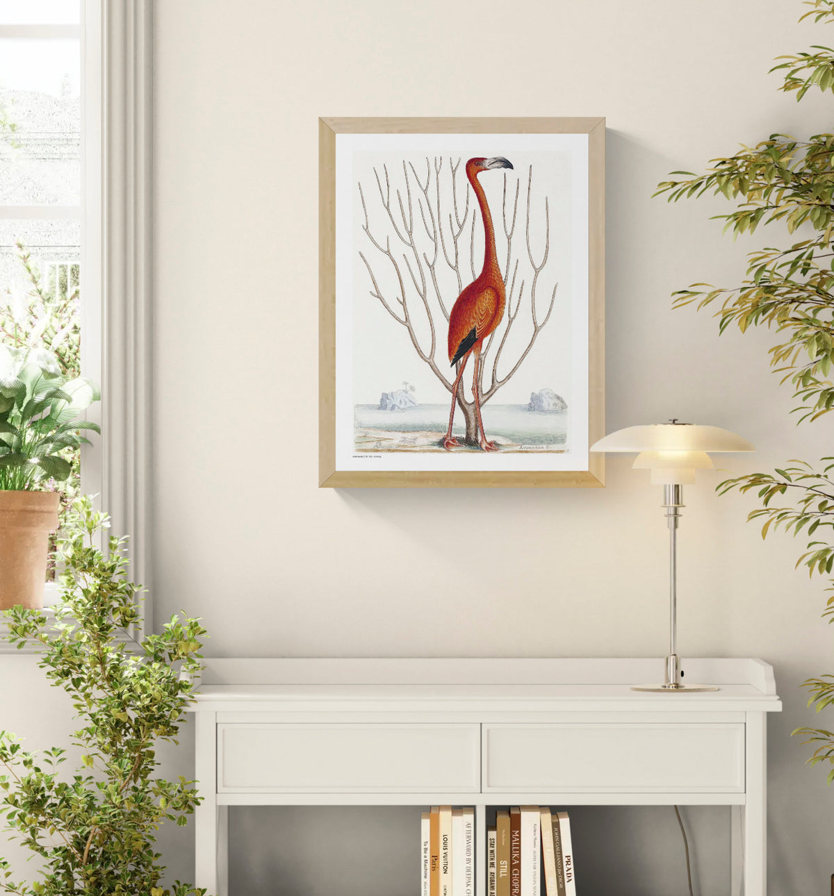 Vintage natural history illustration of a tall red-orange flamingo by Mark Catesby, surrounded by bare branches and a pale coastal landscape. Vertical digital print for nature-inspired wall decor.