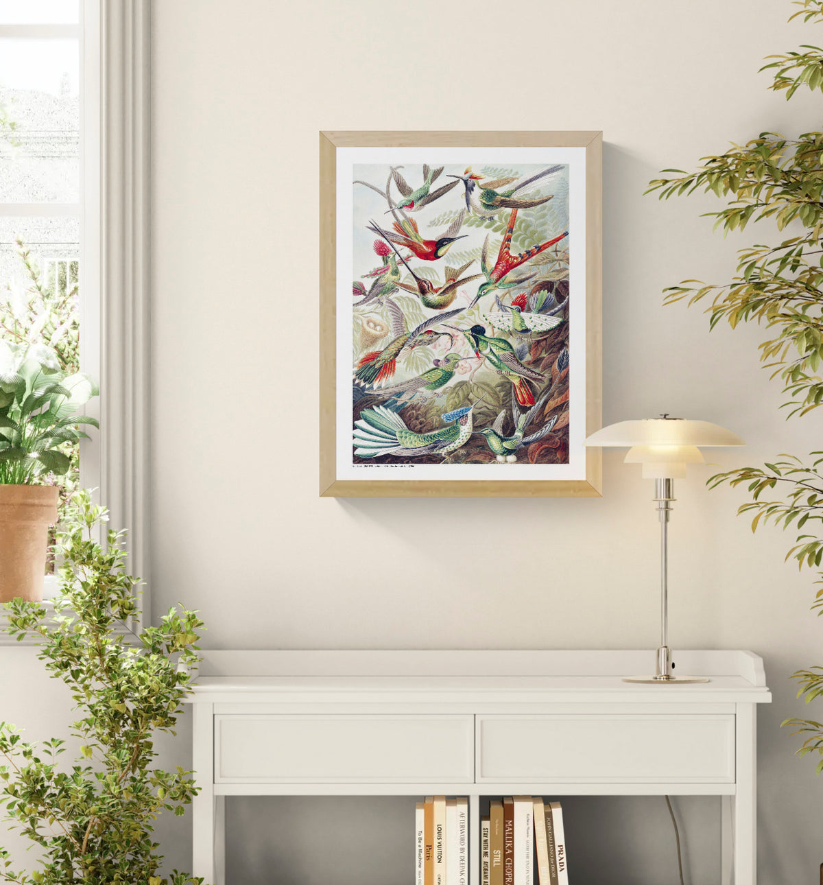 Vintage scientific illustration of colorful hummingbirds among tropical plants by Ernst Haeckel, digital print in portrait format, ideal for botanical wall art and nature-inspired home decor.