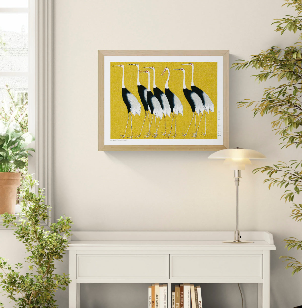 Seven Japanese red-crowned cranes by Ogata Korin on a golden yellow background, landscape digital print with black, white and red details for Japanese-inspired wall decor.
