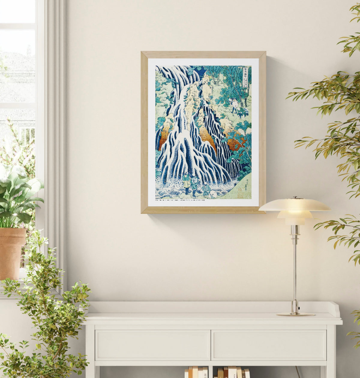 Kirifuri Falls at Mount Kurokami by Katsushika Hokusai, vertical Japanese ukiyo-e digital print with cascading white water, deep blue, green and ochre tones, ideal as statement wall art.
