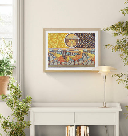 Birds, insects and botanical motifs by Maurice Pillard Verneuil in orange, yellow, blue and brown, shown as a horizontal Art Nouveau digital print for colourful wall decor.