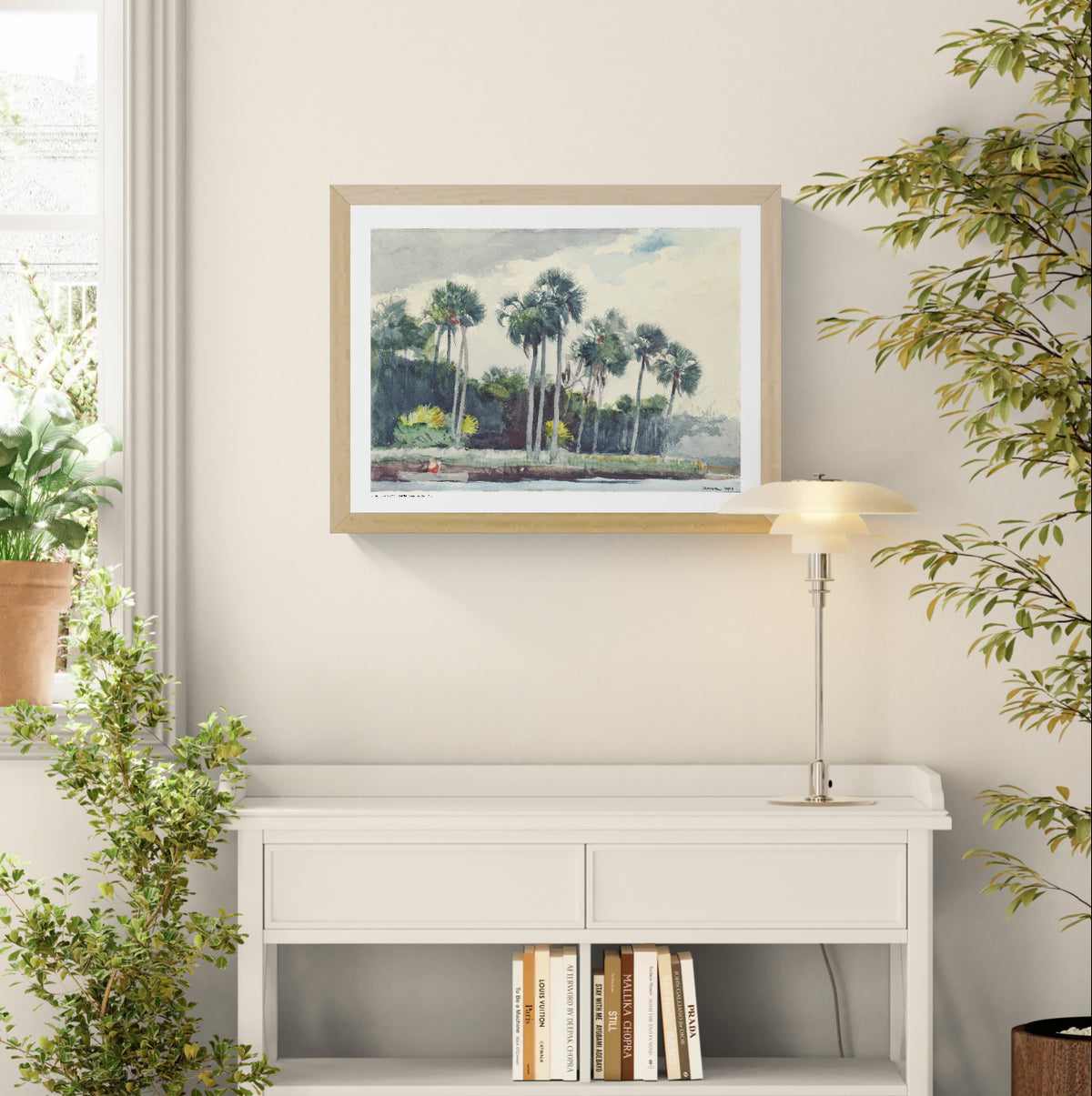 Winslow Homer watercolor-style Florida landscape with tall palm trees, soft green and blue tones and a small red-shirted figure, horizontal digital art print for calm coastal wall decor.