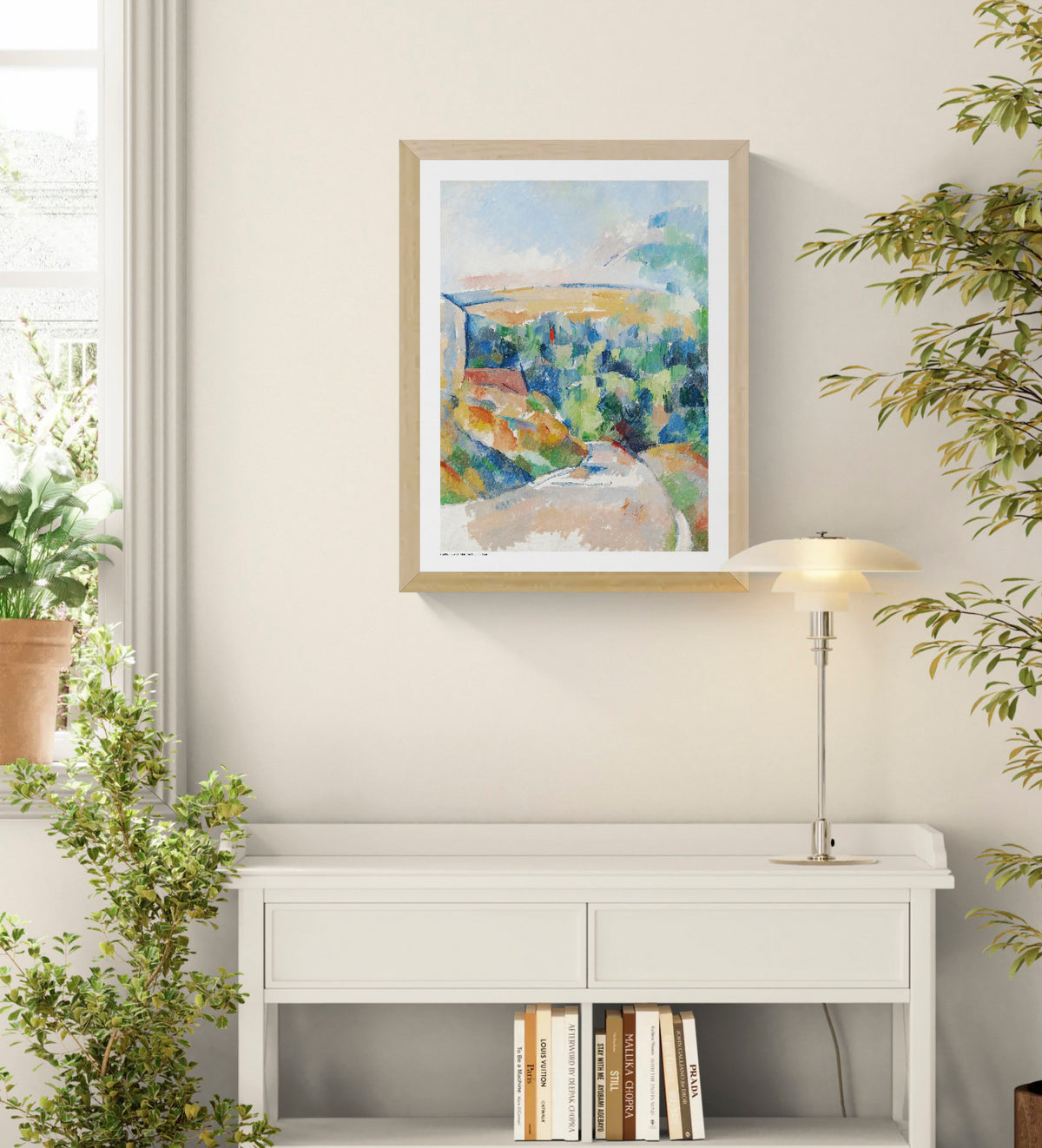 The Bend in the Road by Paul Cézanne, vertical Post-Impressionist landscape in blue, green, orange and soft earth tones, reproduced as a digital wall art print for colourful home decor.