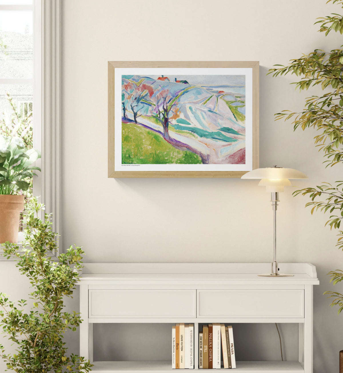 Landscape of Kragerø by Edvard Munch, horizontal expressionist landscape in blue, green, pink and turquoise tones, reproduced as a digital print for colorful wall art and home decor.