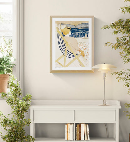 Henri Toulouse-Lautrec’s La Passagère du 54 showing a woman relaxing on a ship deck in blue, cream, yellow and orange, vertical digital print for vintage-inspired wall decor.