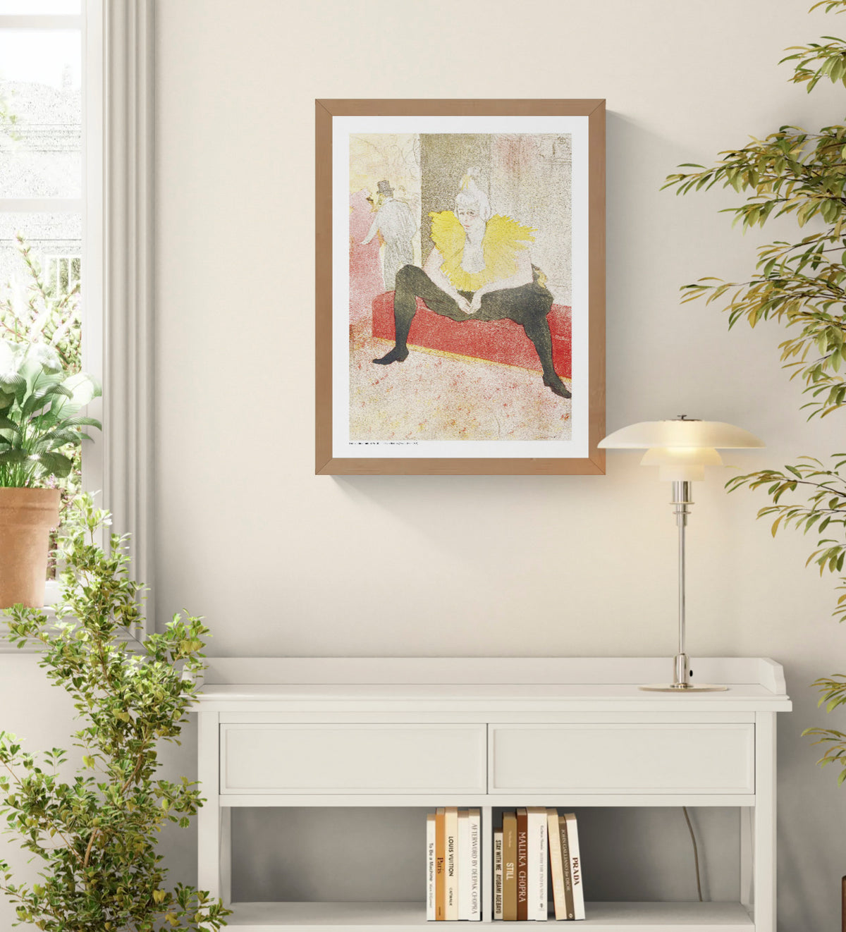 The Seated Clown by Henri Toulouse-Lautrec, vertical digital art print showing Miss Cha-u-Kan seated in black with a bright yellow collar, red bench and soft Belle Époque tones, ideal as expressive wall art.