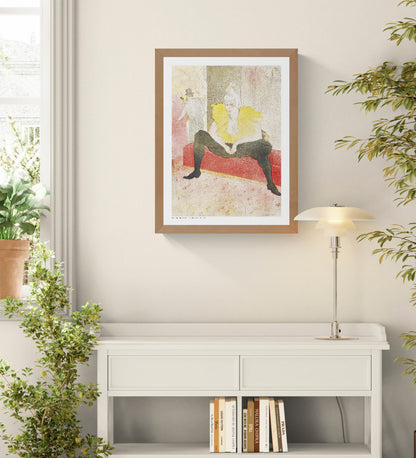 The Seated Clown by Henri Toulouse-Lautrec, vertical digital art print showing Miss Cha-u-Kan seated in black with a bright yellow collar, red bench and soft Belle Époque tones, ideal as expressive wall art.