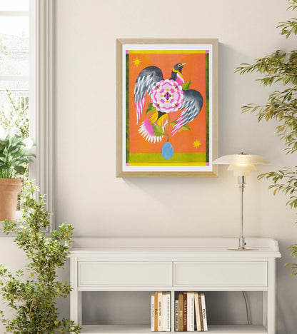 Colorful vertical risograph print by Lou Benesch featuring a black bird with outstretched wings around a large pink flower, with orange, yellow, green and blue tones, ideal as playful wall art.