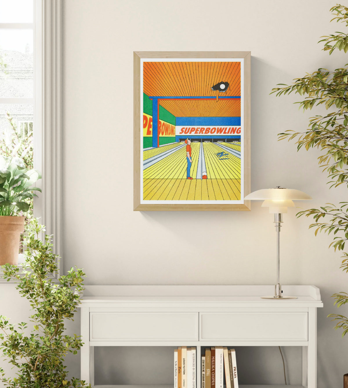 Super Bowling by Simon Bailly, vertical A3 risograph showing a colorful bowling alley in orange, yellow, blue and green with a lone bowler looking upward, playful contemporary wall art.