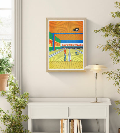 Super Bowling by Simon Bailly, vertical A3 risograph showing a colorful bowling alley in orange, yellow, blue and green with a lone bowler looking upward, playful contemporary wall art.