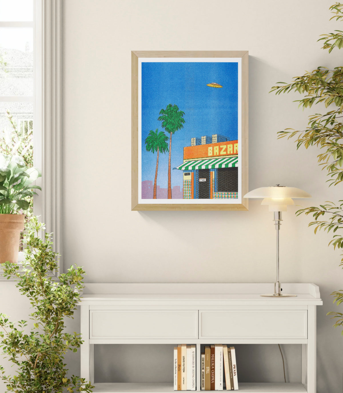 Spain at 15h by Simon Bailly, vertical risograph print with palm trees, a closed Spanish bazaar, blue sky and flying UFO in vivid blue, orange and green tones, ideal as playful wall art.