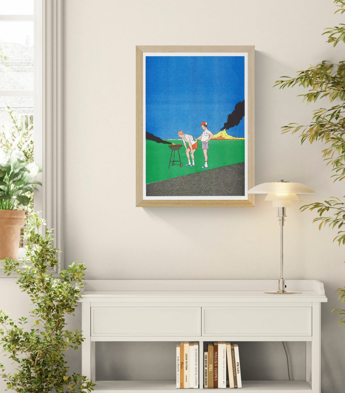 Barbecue by Simon Bailly, vertical A3 risograph showing two men grilling as fire and black smoke rise behind them, in bold blue, green and orange tones, ideal as humorous wall art.