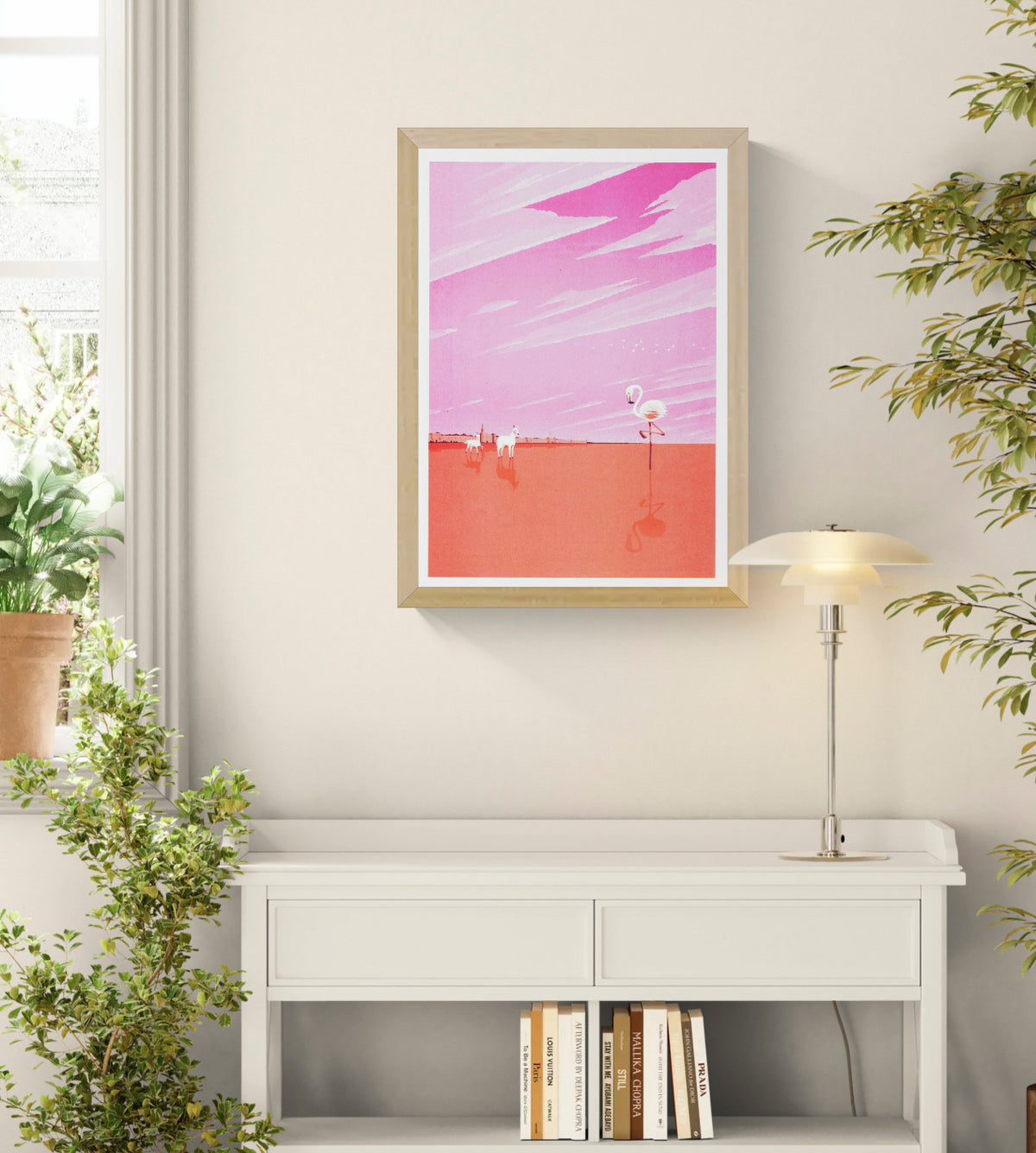 Pink and coral vertical risograph print of Aigues-Mortes in the Camargue by Ito Kenske, featuring a flamingo, white horses and reflective water, ideal as colourful contemporary wall art.