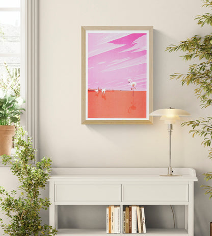Pink and coral vertical risograph print of Aigues-Mortes in the Camargue by Ito Kenske, featuring a flamingo, white horses and reflective water, ideal as colourful contemporary wall art.