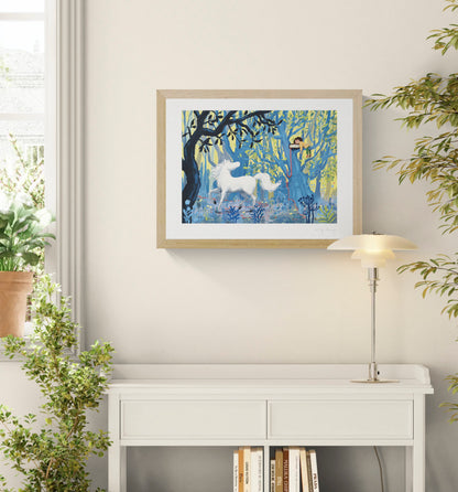 Year of the Horse by Willy Leung, giclée print showing a white horse in a blue, green and yellow forest beneath a sleeping figure, whimsical wall art for bedrooms and creative interiors.