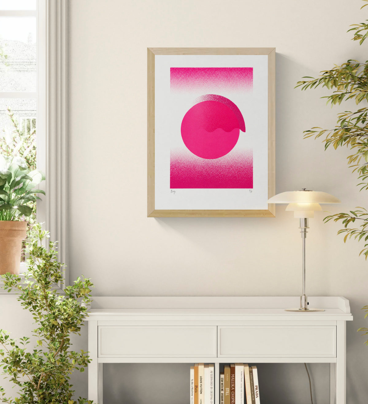 Fluorescent Pink Gradient by PLUMO, vertical A3 hand-pulled screenprint with vivid fluorescent pink circles, textured gradients and geometric forms, ideal as bold contemporary wall art.