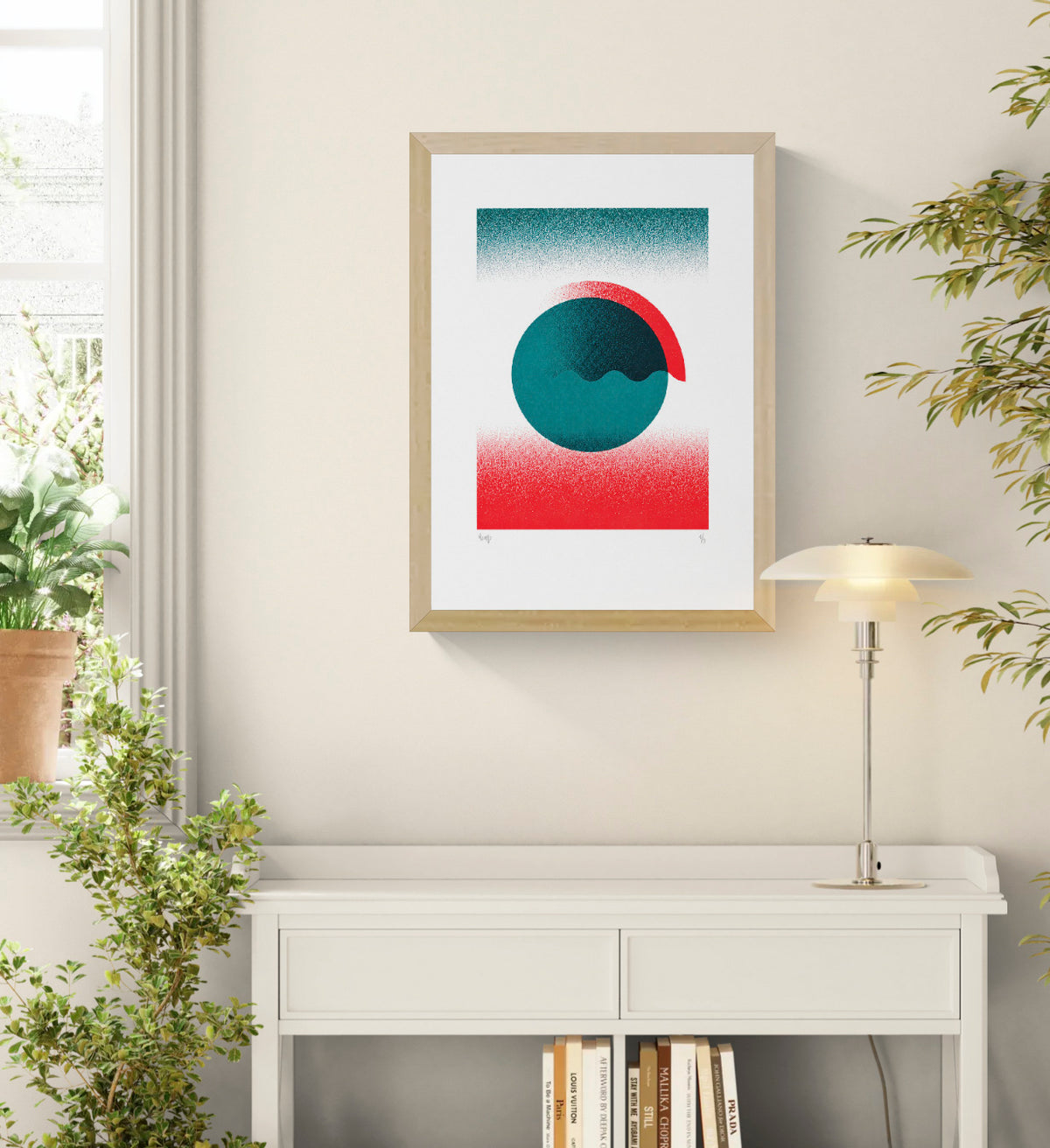Green Gradient by PLUMO, vertical A3 hand-pulled screenprint featuring layered circular forms, deep teal green, bright red gradients and textured geometric shapes for modern wall decor.