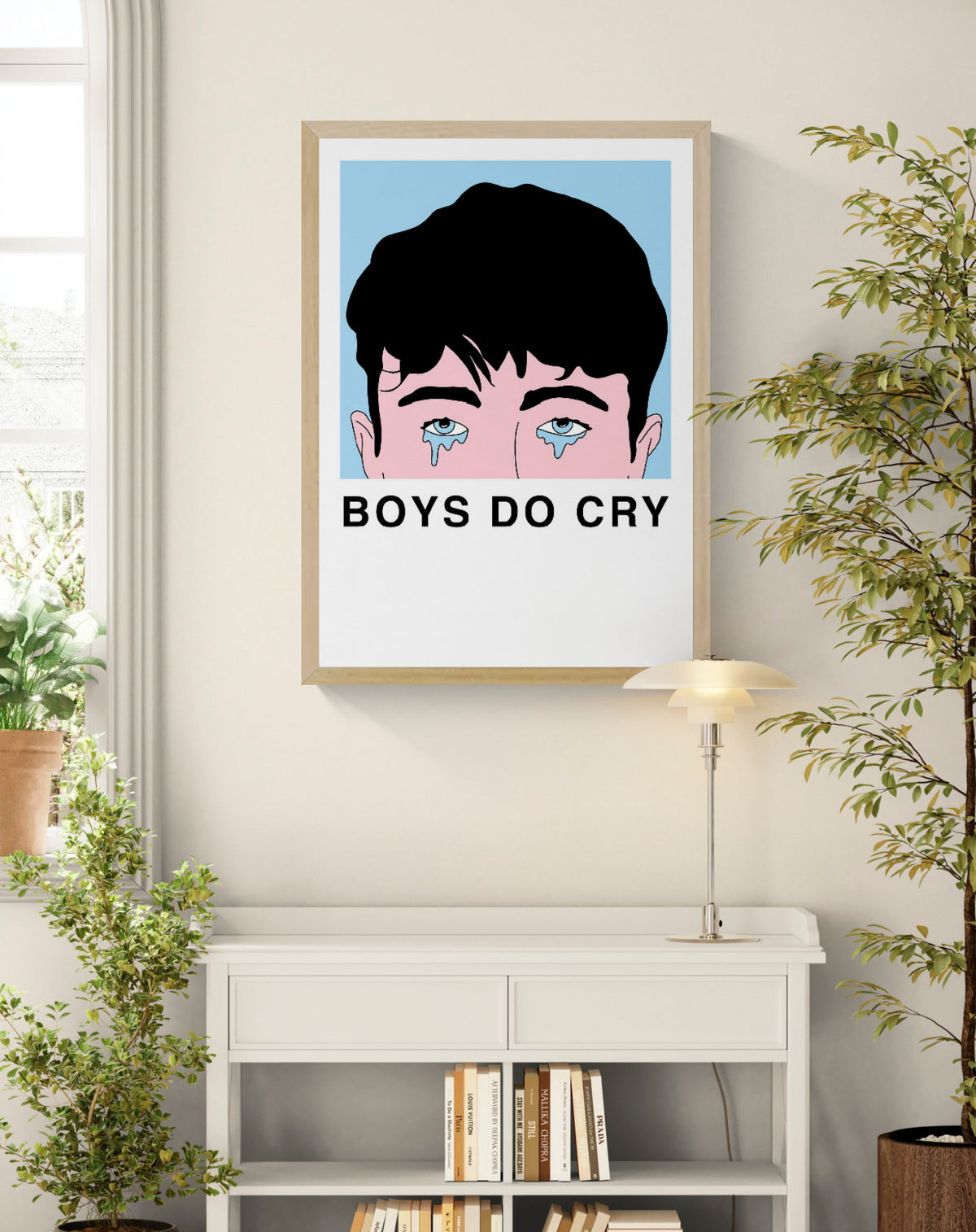 Boys Do Cry by Studio Stoutpoep, vertical A2 risograph print showing a crying dark-haired boy in pink, black and light blue, bold graphic wall art for playful contemporary interiors.