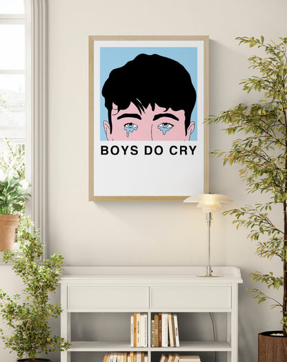 Boys Do Cry by Studio Stoutpoep, vertical A2 risograph print showing a crying dark-haired boy in pink, black and light blue, bold graphic wall art for playful contemporary interiors.
