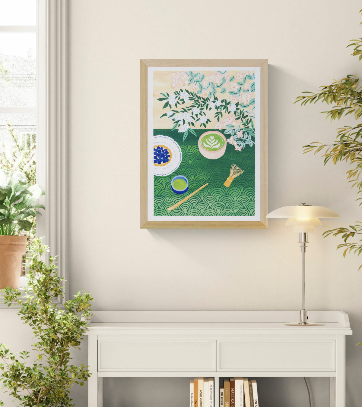 A3 art print "Matcha Time" by Leens featuring a flat-lay composition with a matcha latte in a ceramic bowl, bamboo whisk, green tea cup, tart with blueberries, floral branches, and Japanese wave patterns. Perfect for tea lovers and kitchen decor.