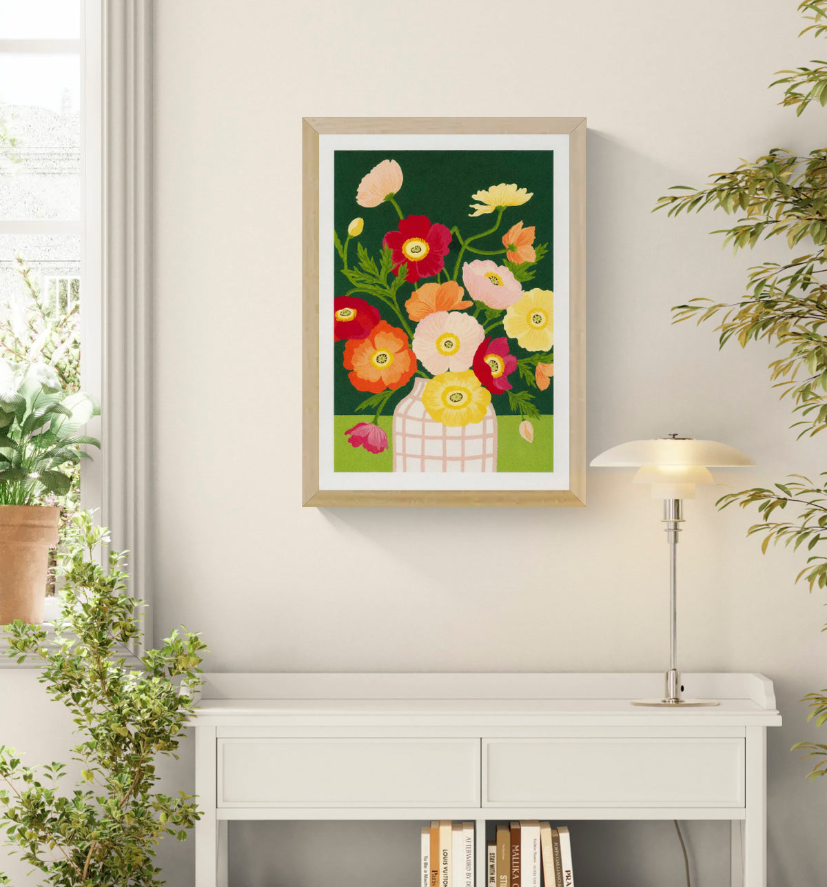 Colorful floral art print “Poppies” by Leens featuring vibrant red, pink, yellow, and orange poppy flowers in a patterned vase against a dark green background. Contemporary botanical wall art print for modern interiors.
