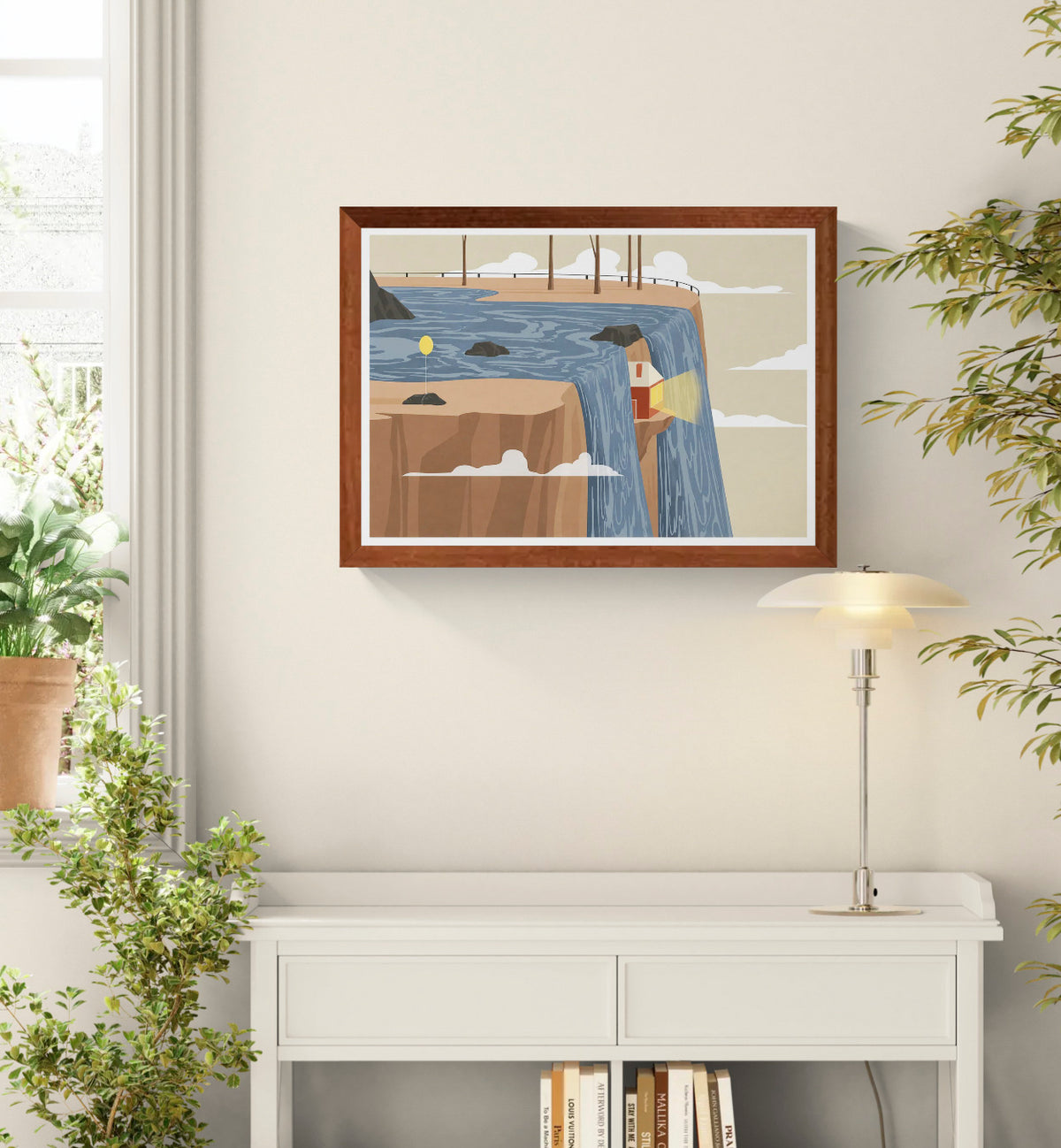A3 surreal landscape art print by Ana Yael featuring a waterfall flowing over a cliff with a small illuminated house hidden behind the water, soft clouds, rocks, and minimalist design style.
