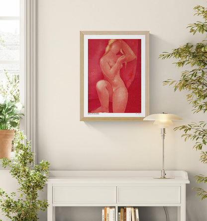 After The Bath by Mikulas Galanda, vertical figurative digital art print of a seated nude woman in warm coral and red tones, ideal for bedroom or living room wall decor.