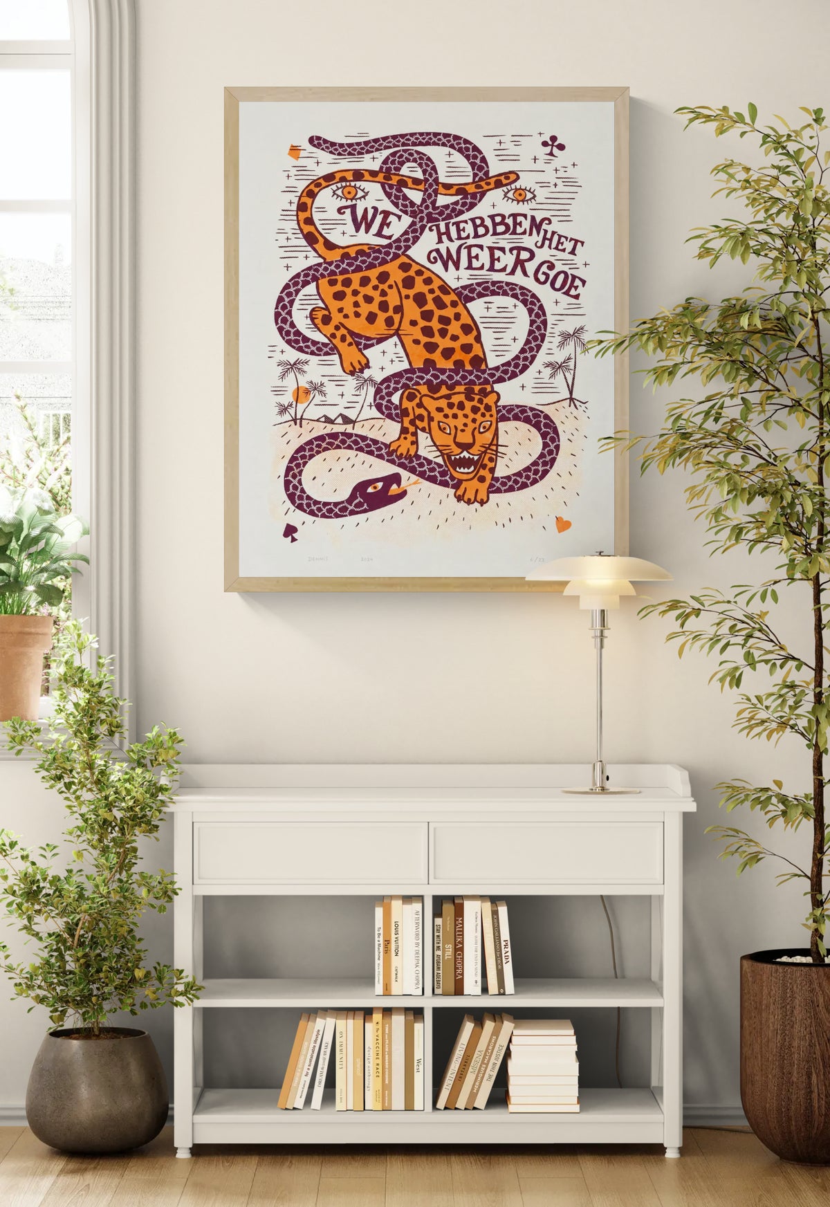 Vintage-inspired three-colour screen print by Dennis Dellaert featuring an orange jaguar entwined with burgundy snakes, playful lettering and tropical details. Vertical wall art for eclectic home decor.