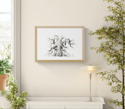 Detailed black and white illustration art print by Willy Leung showing a damaged old tree wrapped in bandages while a small human figure climbs a ladder to repair its branches, printed as an A4 giclée artwork on Hahnemühle Photo Rag paper.