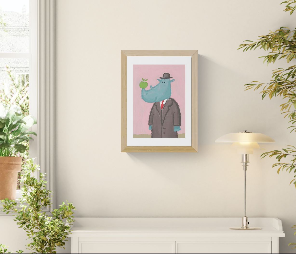Surreal rhino illustration by Willy Leung featuring a blue rhinoceros in a formal suit and hat holding a green apple against a soft pink background, printed as an A4 archival giclée art print.