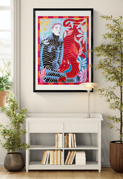 The Affair by Carla Petelski, contemporary figurative fine art print featuring a striped woman and red tiger surrounded by botanical elements in vivid pink, blue, orange, and red tones, modern symbolic wall art for contemporary interiors.