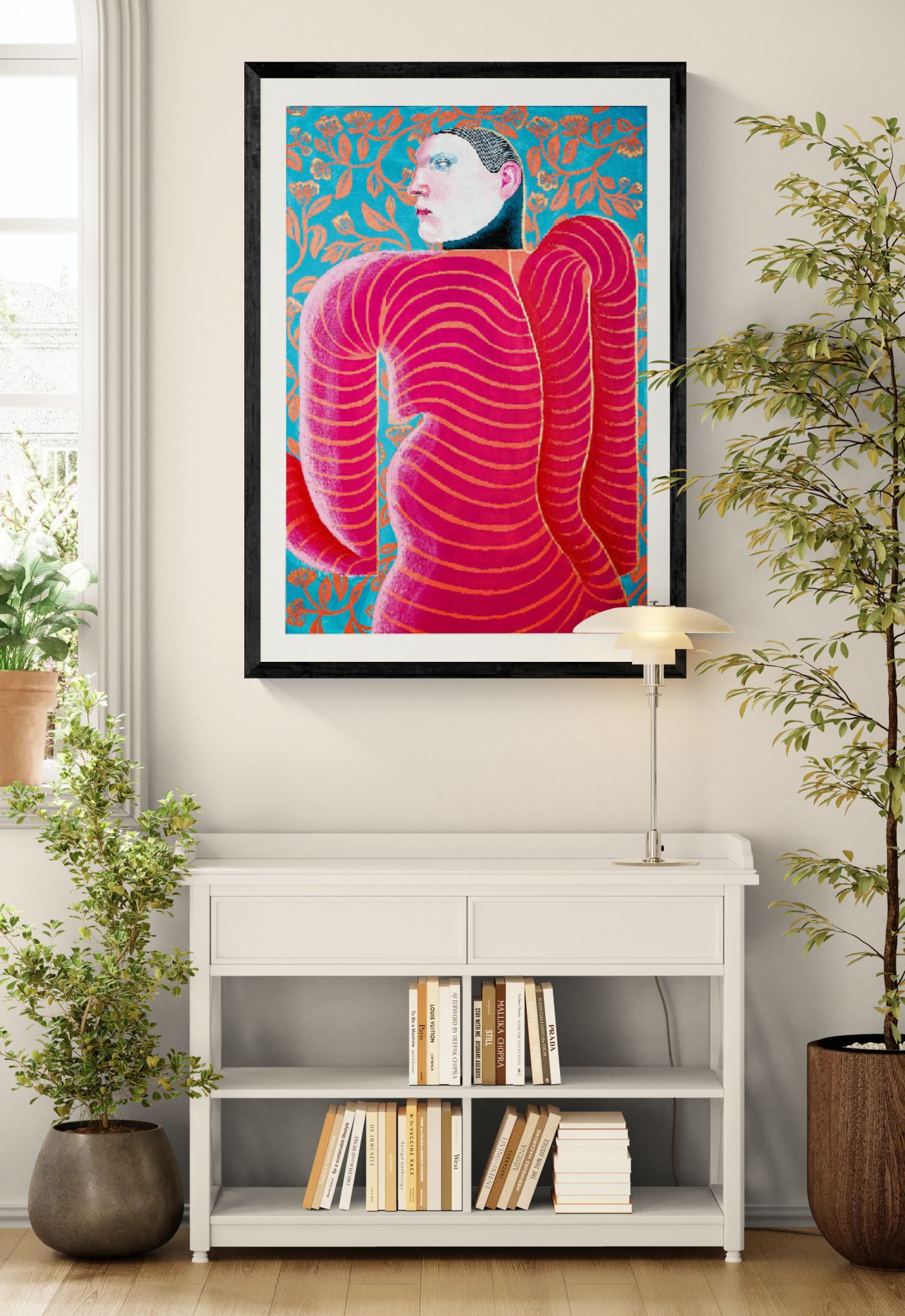 Goddess Of Flirting by Carla Petelski, contemporary figurative digital art print featuring a surreal pink striped female figure against a blue floral background, modern colourful wall art, 50 x 70 cm