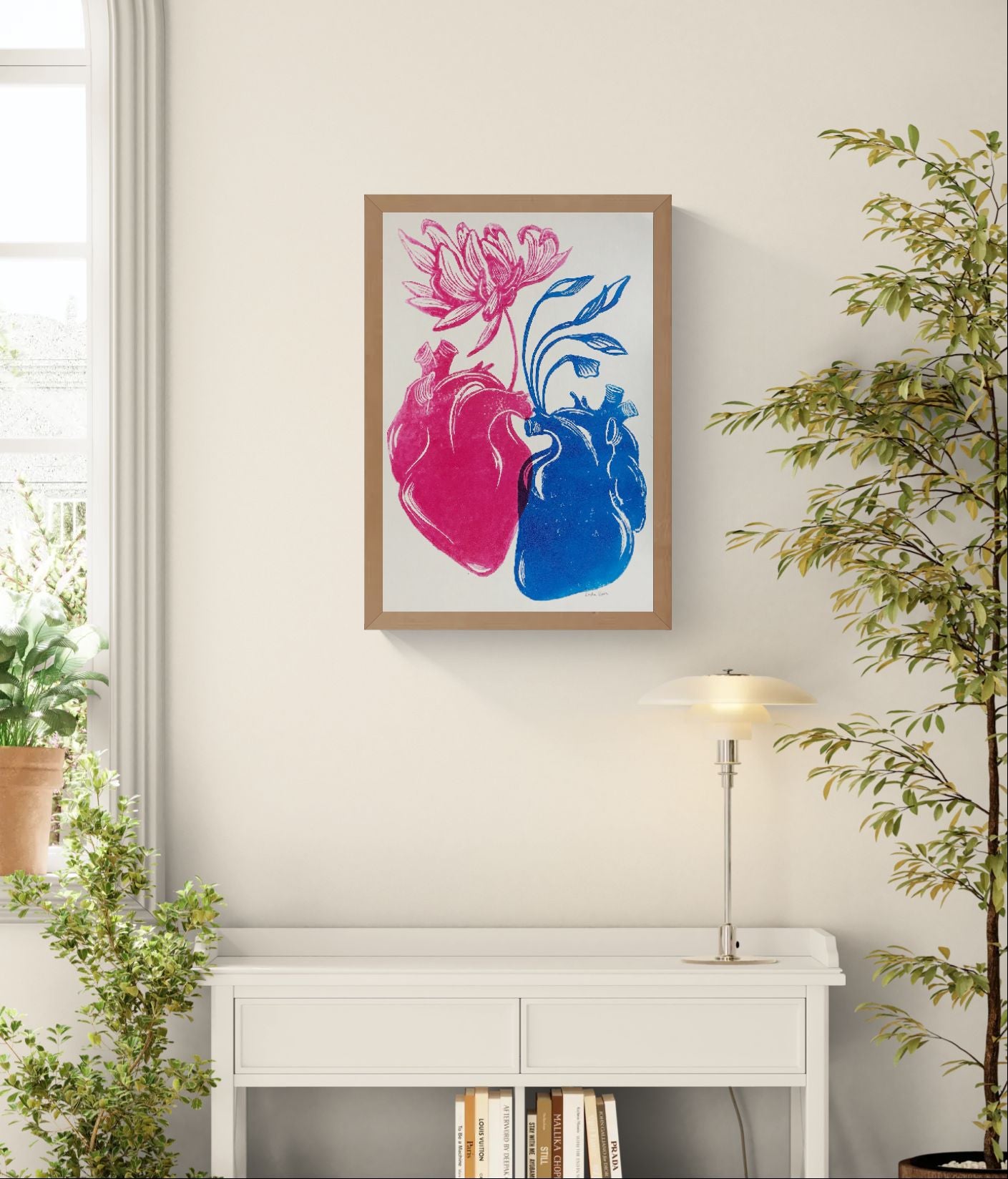 Red and blue anatomical heart linocut print with blooming flower and botanical details by Belgian artist Leda Vaes, handmade contemporary wall art in A3 format.