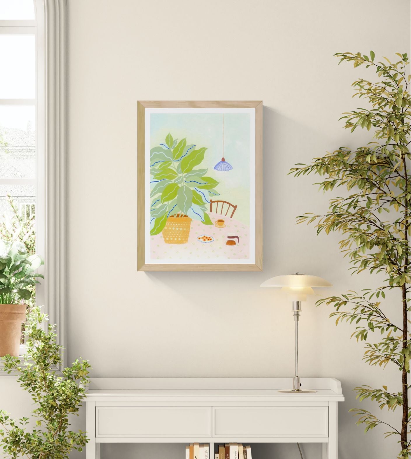 A3 illustration "Coffee Plant" by Leens showing a large leafy plant in a yellow pot, a table with a pink floral cloth, coffee cup, cookies, and carafe. Ideal for cozy kitchen or slow living decor.