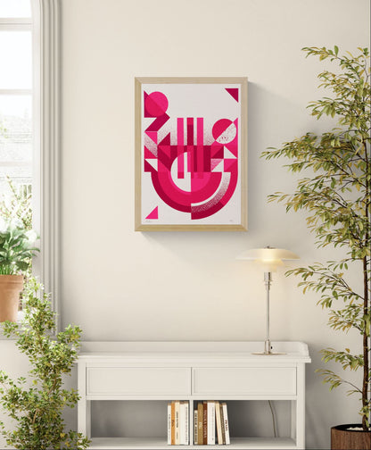Geometric abstract handmade screenprint in bright pink and burgundy tones by PLUMO featuring circles, arches, triangles, and vertical shapes in a modern Bauhaus-inspired composition on white background.