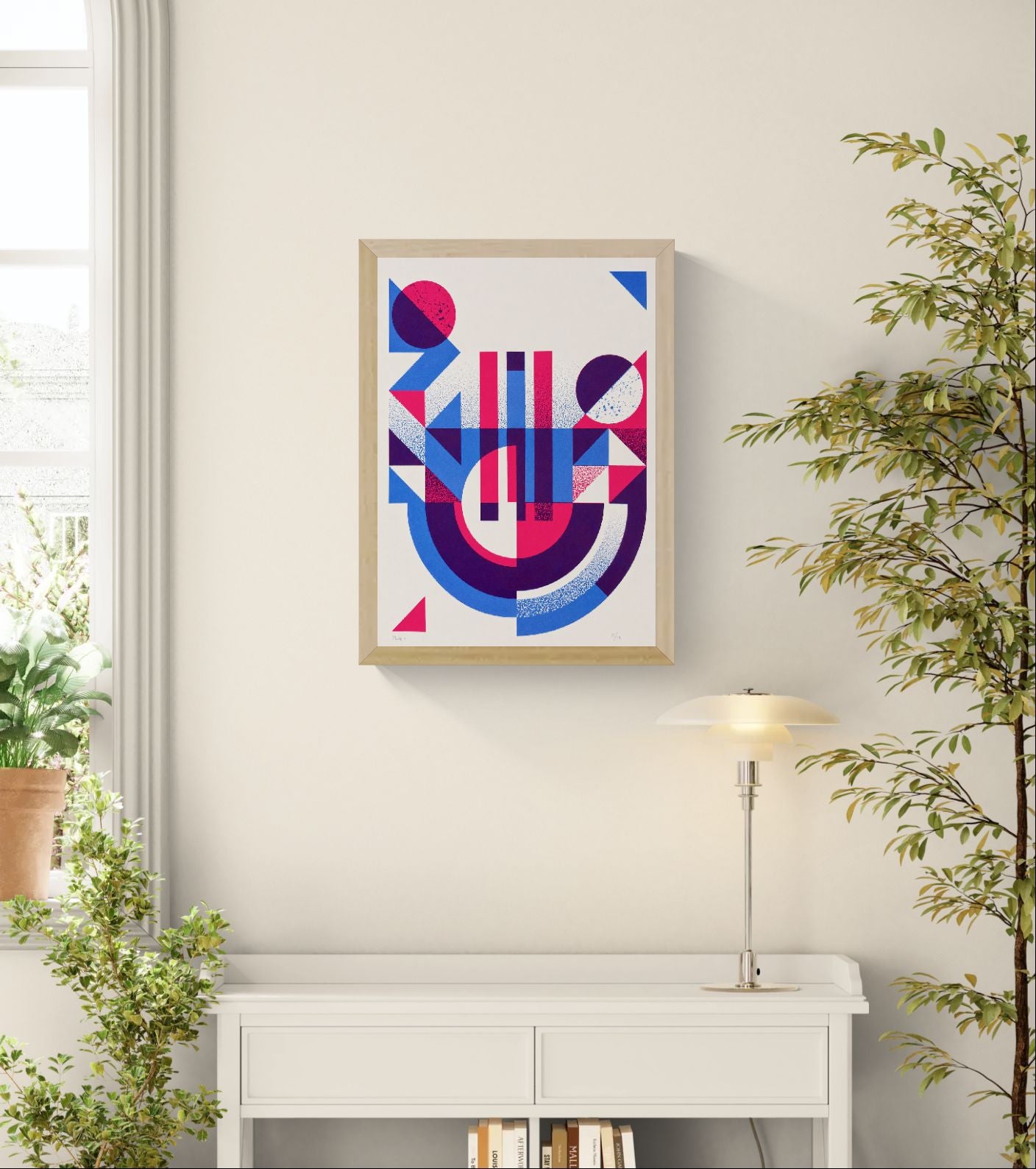 Geometric abstract handmade screenprint by PLUMO featuring bold blue, pink, and purple shapes with circles, triangles, and textured graphic elements on a clean white background, modern contemporary wall art in A3 size.