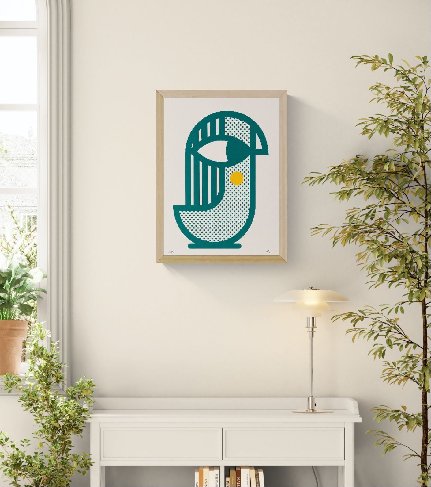 Bird 1 handmade screenprint by PLUMO featuring a geometric abstract bird shape in teal with dotted textures and a yellow circular detail on an off-white background, modern A3 wall art print for contemporary interiors.