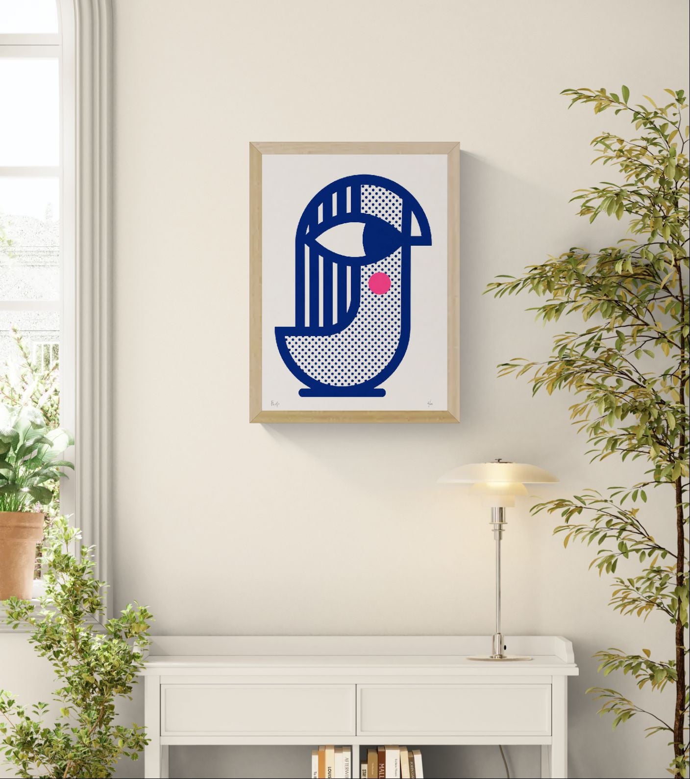 Handmade geometric screenprint titled Bird 2 by PLUMO featuring abstract bird-inspired shapes in deep cobalt blue with dotted textures and a bright pink circle on a neutral background.
