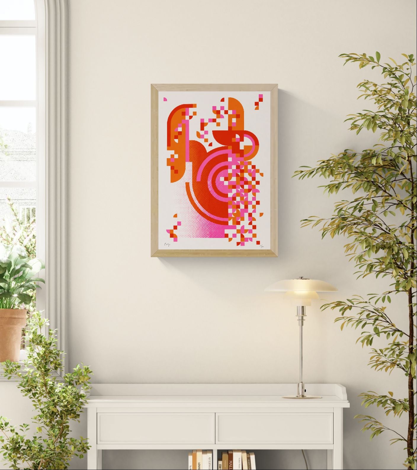 Pixel Drift 1 handmade geometric screenprint by PLUMO with bold orange, red, and pink abstract shapes, pixel-style patterns, and curved graphic elements on a soft neutral background.