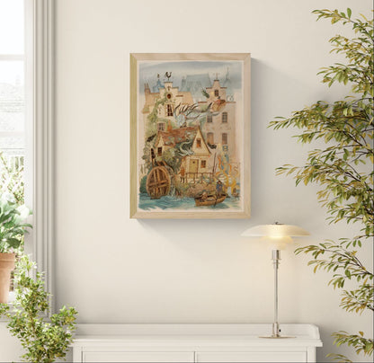 Fantasy-style illustration of Bruges by Lena Yampolski with magical creatures, dragons, octopus tentacles and charming Belgian houses – high-quality Giclée print available in A4 and A3, perfect wall decor for folklore and fantasy art lovers.