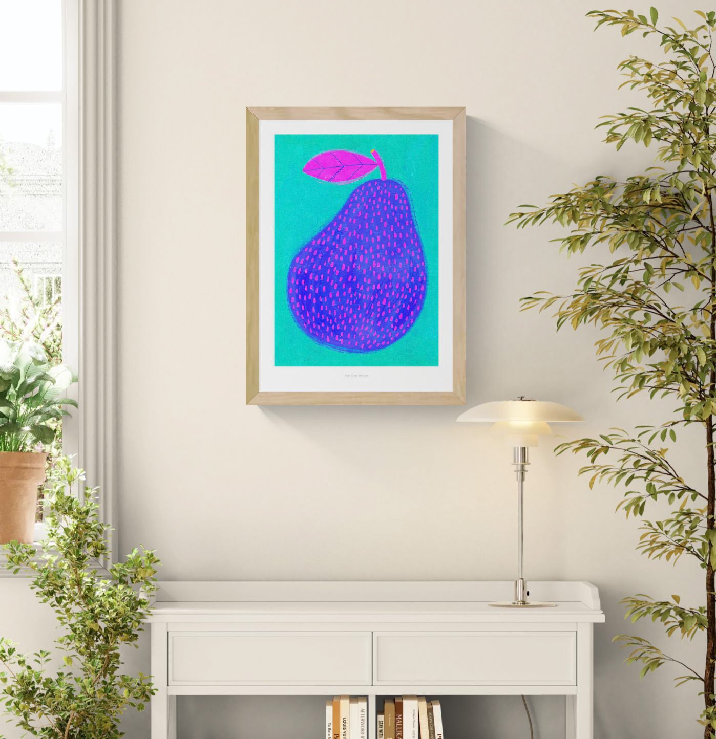 Vibrant giclée art print of a stylized blue-purple pear with pink dots and a bright magenta leaf, set against a turquoise background; bold, modern fruit illustration by Just Cool Design