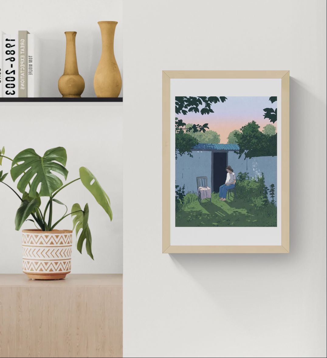 Peaceful and contemplative illustration by Victor Pellet titled 'Au Jardin,' showing a young woman seated quietly in a lush backyard garden at dusk. Framed by greenery, soft shadows, and a pastel sunset sky, this intimate scene evokes solitude, reflection, and the quiet beauty of everyday moments—perfect for minimalist interiors and lovers of poetic, narrative-driven art