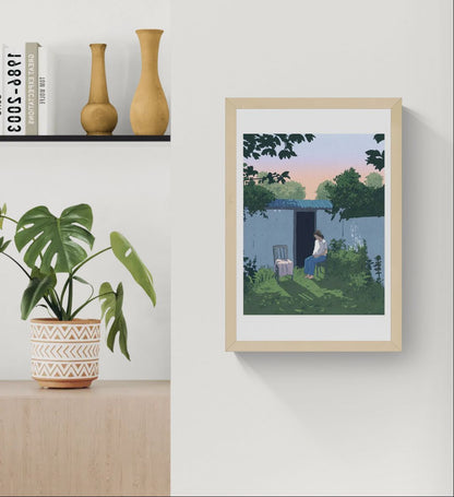 Peaceful and contemplative illustration by Victor Pellet titled 'Au Jardin,' showing a young woman seated quietly in a lush backyard garden at dusk. Framed by greenery, soft shadows, and a pastel sunset sky, this intimate scene evokes solitude, reflection, and the quiet beauty of everyday moments—perfect for minimalist interiors and lovers of poetic, narrative-driven art