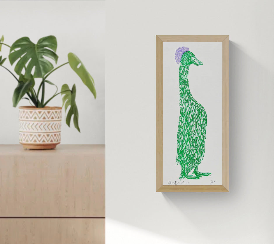 Duck Duck Mousse by Strangford, green duck with purple feathered crest on a tall risograph print.