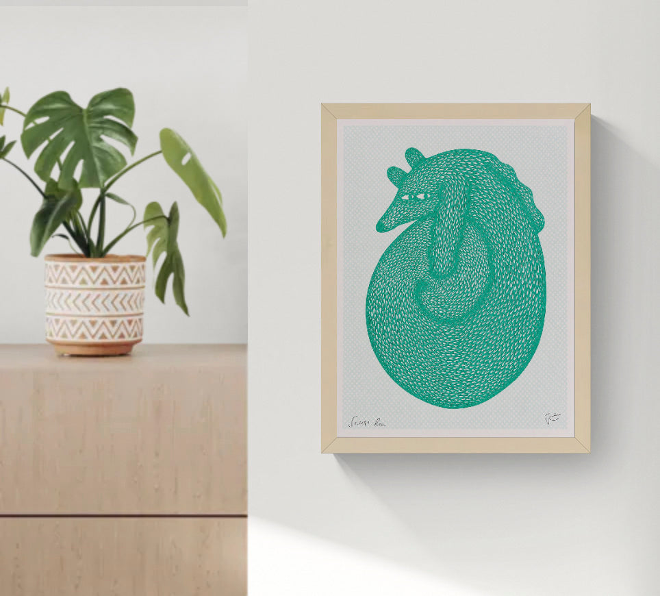 Green risograph illustration of a curled-up fantasy animal with dense hand-cut fur textures and a pale mint dotted background, portrait A3 wall art for playful contemporary interiors.