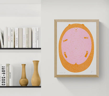 Large round hedgehog illustration by Strangford in bright pink and orange, vertical A3 Risograph print with playful linework, ideal as colourful wall art for modern and eclectic interiors.