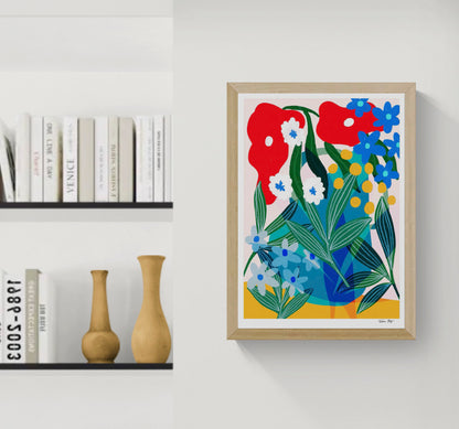 Colourful portrait-format giclée art print by Teresa Rego featuring oversized petunias and lush leaves in red, blue, green and yellow, ideal for bright contemporary wall decor.