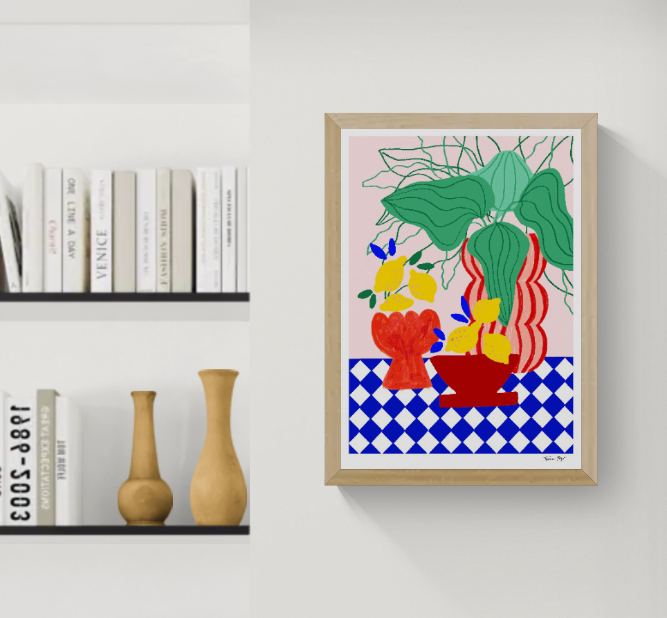 Vertical giclée art print by Teresa Rego featuring yellow lemons, green leaves, sculptural vases and blue-and-white Portuguese tiles in a bold contemporary style.