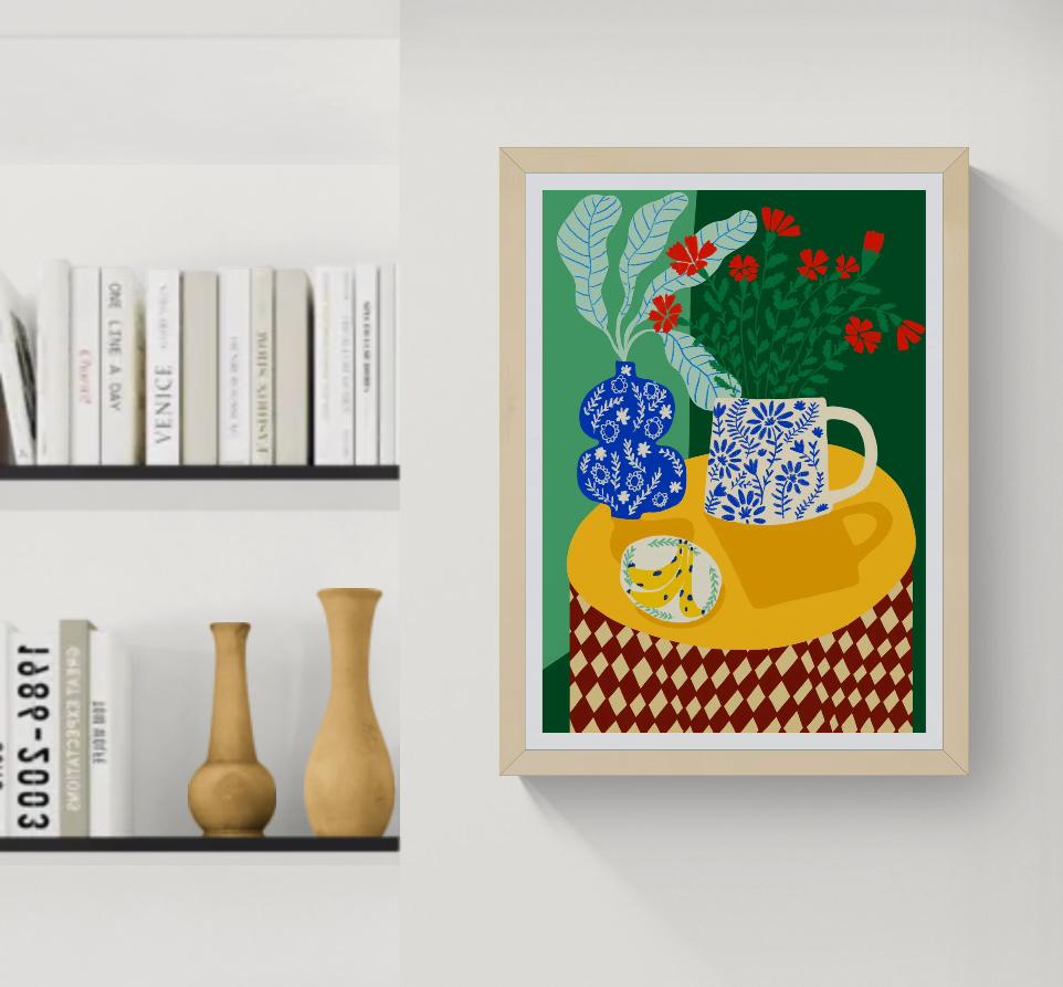 Colourful vertical giclée print by Teresa Rego featuring red carnations, blue patterned porcelain and green foliage in a bold contemporary still life for vibrant home decor.